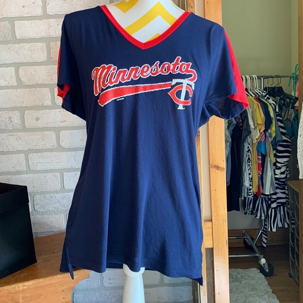 Minnesota Twins MLB Baseball Colorblock V-neck Short Sleeve T-shirt